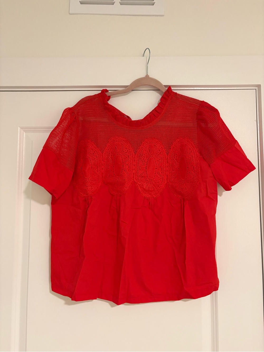 Amazon Red Short Sleeve Crochet Yoke Blouse